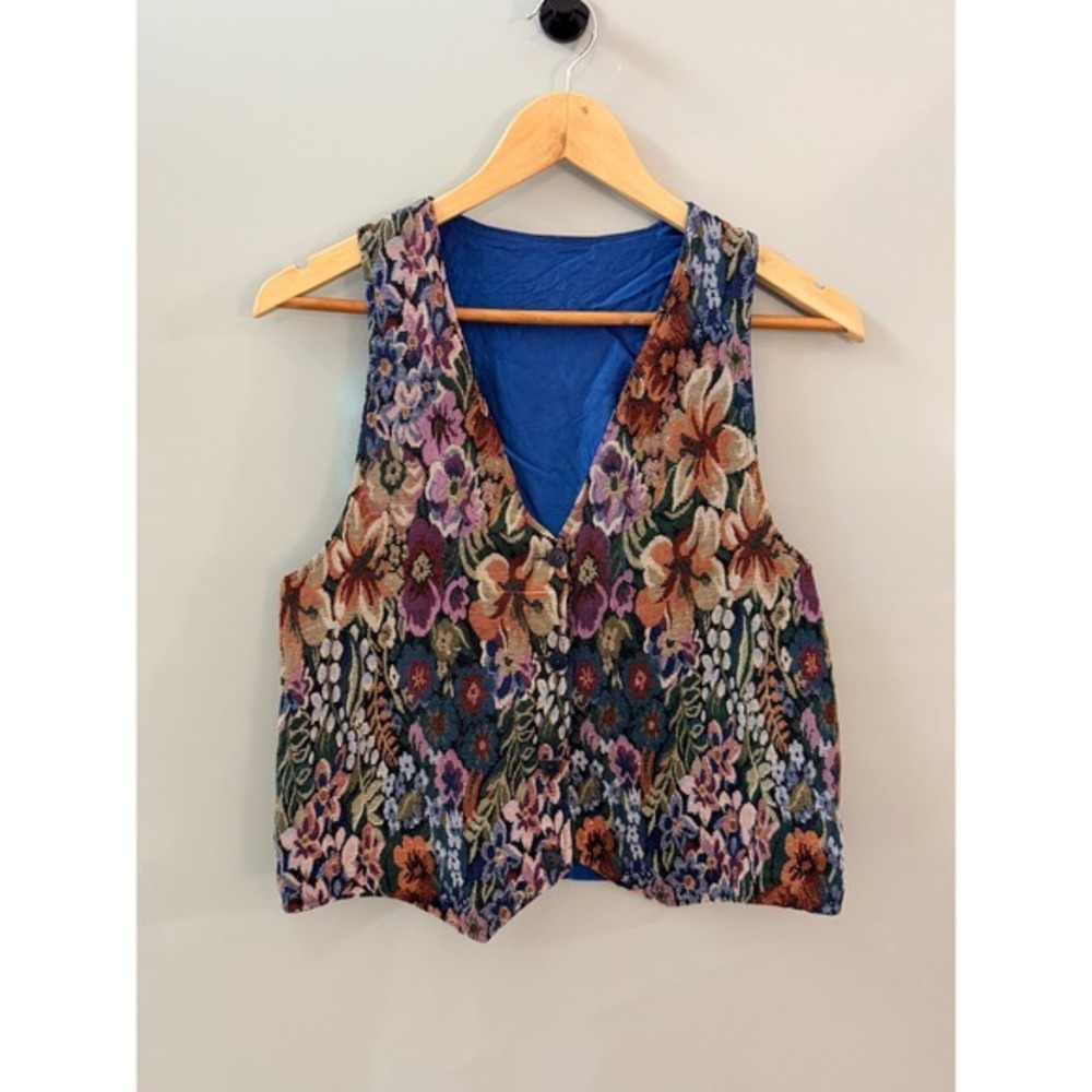 Floral Tapestry Vest Brown Velvet Back Multicolor Boho M